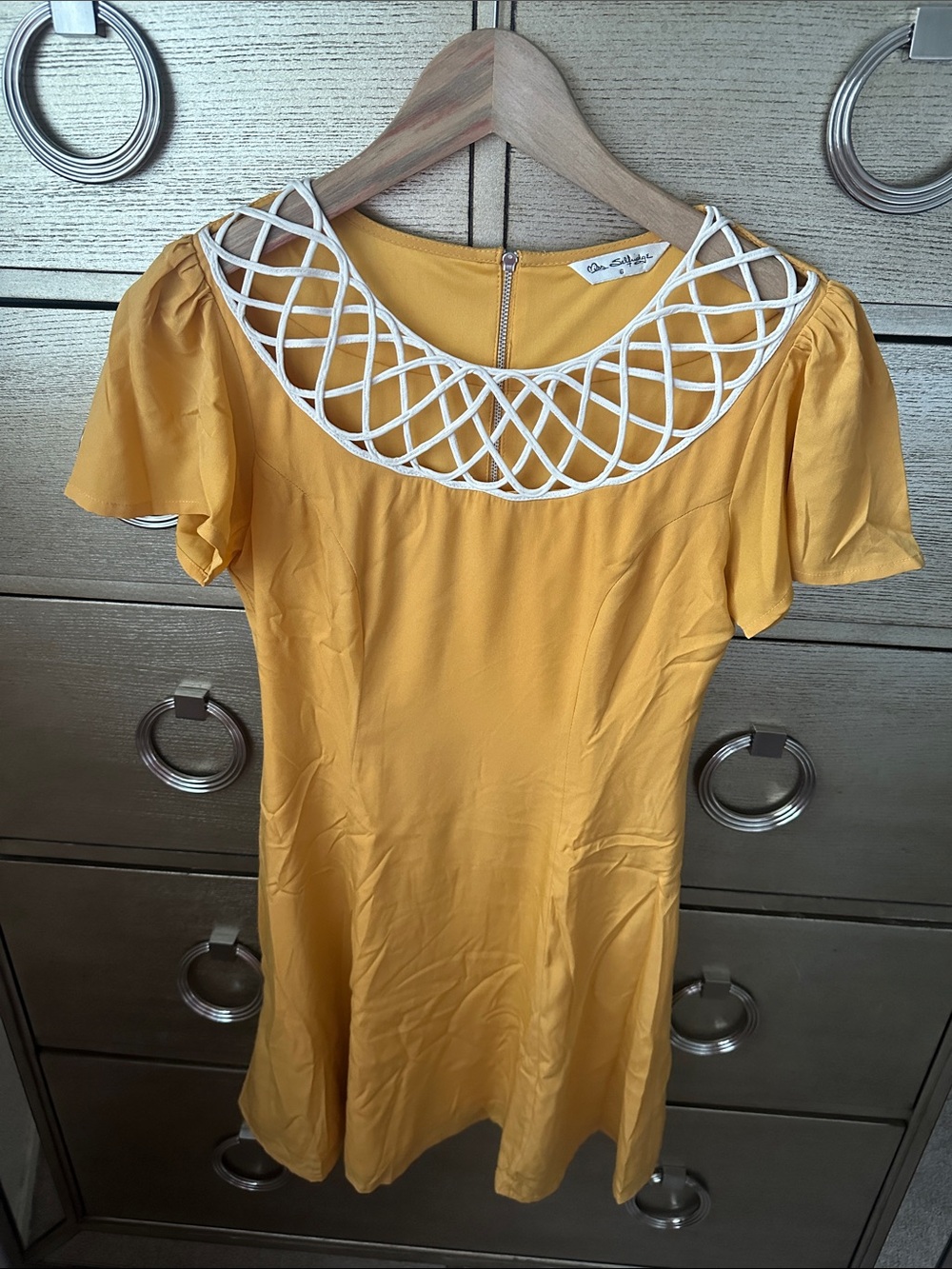 🛍️SALE🛍️ Miss Selfridge Yellow Skater Short Sleeve Dress with Lattice Neckline - Picture 5 of 6